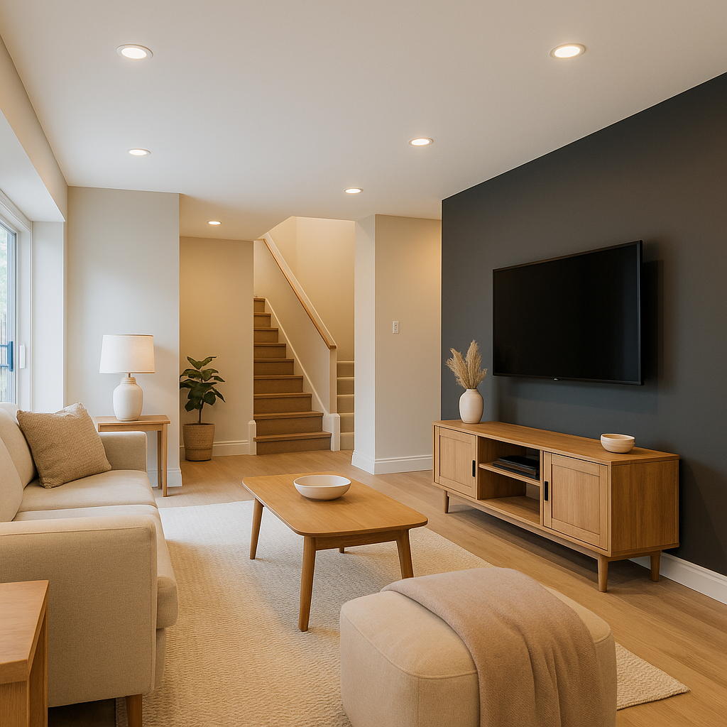 Bright living area in a finished basement